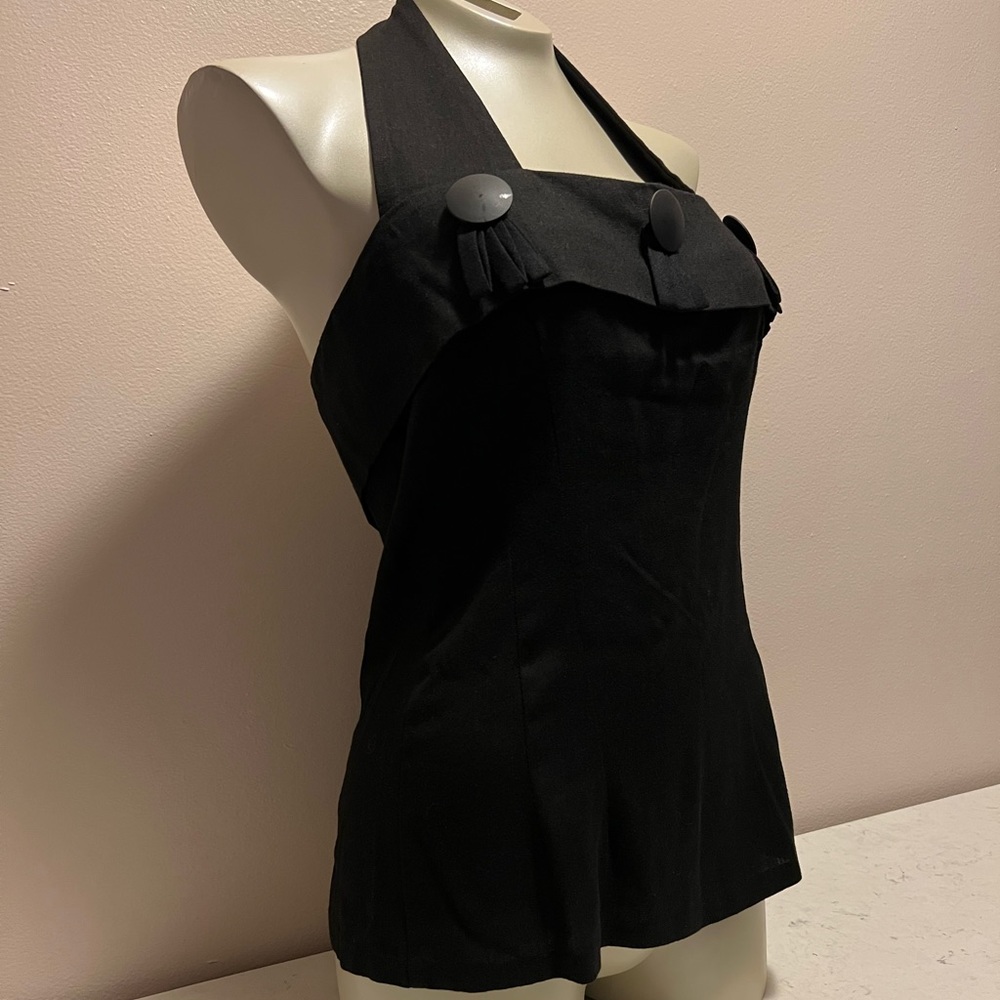 Vintage TARETI Black Halter Top With 3 Buttons Fringe Detail In Mint Condition